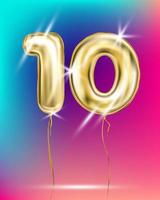 Gold foil balloon ten 10 number on disco rainbow gradient background