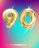 Gold foil balloon ninety number on disco rainbow gradient background vector