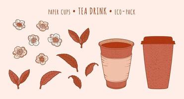 Tea plant and paper cups. Camellia leaves and flowers and hot drink in the hand-drawn technique