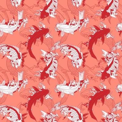 Japanese carps Koi decorative white and red seamless pattern