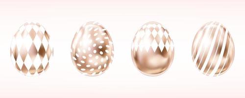 Four glance metallic eggs in pink color with white dots, rumb and stripes. Isolated objects for Easter decoration vector