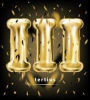 Festive rating roman digit three, gold balloon and foil confetti on the black background vector