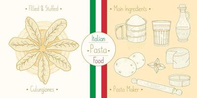 Cooking italian food stuffed Culugrione Pasta with filling and main ingredients and pasta makers equipment, sketching illustration in vintage style vector