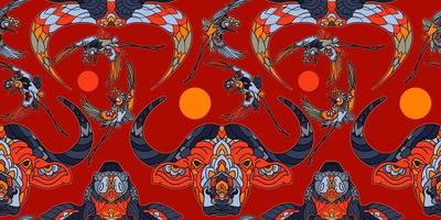 Bull and buffalo red seamless pattern of symbol Lunar Year