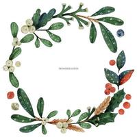 Christmas green plants and mistletoe wreath, watercolor template vector