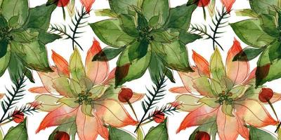 Christmas floral traced watercolor seamless pattern. Poinsettia and laurel branch and ale. Seamless decor for cute Christmas and New Year greetings and invitations and wrapping paper or textiles vector