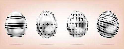 cuatro huevos de plata sobre fondo rosa. objetos aislados para la decoración de Pascua. cruz, puntos y rayas adornados