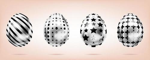 Four silver eggs on the pink background. Isolated objects for Easter decoration. Cross, dots, stripes and stars ornate vector