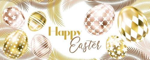 Happy Easter banner with pink golden eggs and palm branches vector