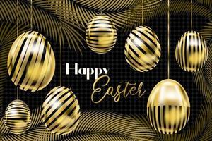 Happy Easter banner with golden eggs on the ropes and palm branches on the black card vector