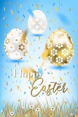 Easter porceline and golden eggs and confetti in the sky and grass