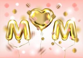 I Love Mom poster with golden heart balloon in pink air vector