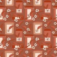 Dark brown seamless pattern with tea flowers, leaves and cans