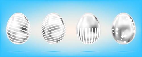 cuatro huevos de plata sobre el fondo azul cielo. objetos aislados para la decoración de Pascua. puntos y rayas adornados vector