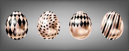 Four glance metallic eggs in pink color with black dots, rumb and stripes. Isolated objects for Easter decoration vector