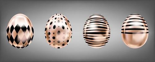 Four glance metallic eggs in pink color with black rumb, dots and stripes. Isolated objects for Easter decoration vector