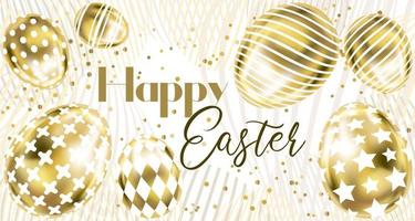 Happy Easter banner with golden eggs and confetti on the white background vector