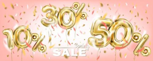 High quality vector image of gold balloon fifty thirty ten percent. Design for seasonal sales, discounts and any events, coral pink background