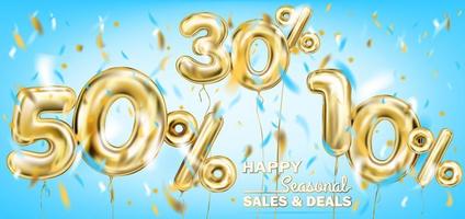 High quality vector image of gold balloon 50, 30,10 percent. Design for seasonal sales, discounts and any events, sky blue background