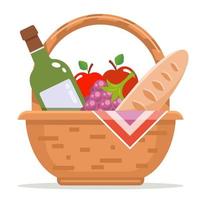 picnic basket with fruit and wine. holiday dinner on the lawn. flat vector illustration.