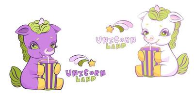 Cute little white and lilac unicorns with milkshake vector