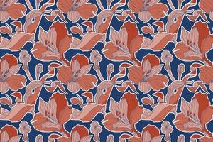 Blue and terracotta floral seamless pattern with high detalised alstroemeria buds and flowers for botanical natural print vector