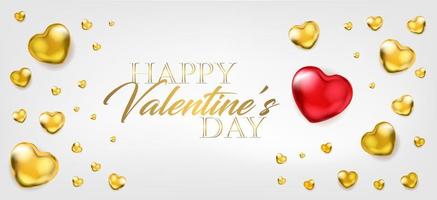 Valentines Day white banner with big red and any golden heart balloons vector