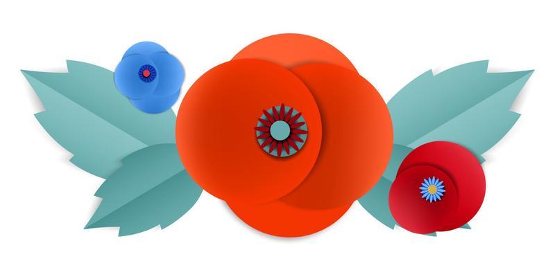 Vector cut paper poppy flowers in vignette