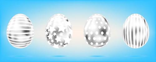 Four silver eggs on the sky blue background. Isolated objects for Easter decoration. Star, dots and stripes ornate vector