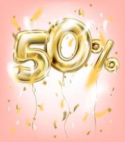 High quality vector image of gold balloon fifty percent. Design for seasonal sales, discounts and any events, coral pink background