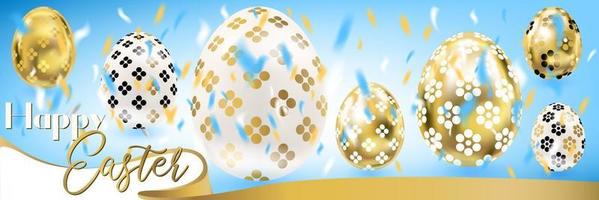 Easter banner with golden eggs and confetti in the sky with silk ribbon vector