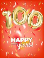 High quality vector image of gold balloon hundred and confetti on the red background