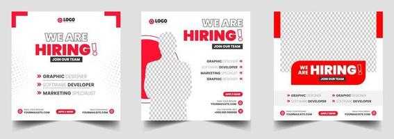 We are hiring job vacancy social media post banner design template with red color. We are hiring job vacancy square web banner design.