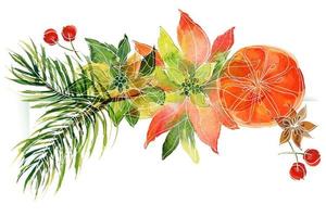 viñeta floral navideña con naranjas y poinsettia y ramas de pino. viñeta de decoración para lindos saludos e invitaciones de navidad y año nuevo vector