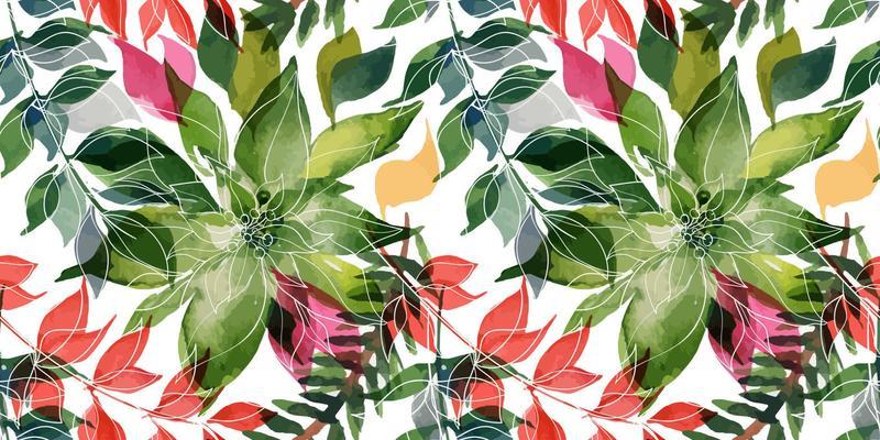 ChChristmas floral traced watercolor seamless pattern. Poinsettia and laurel branch and ale. Seamless decor for cute Christmas and New Year greetings and invitations and wrapping paper or textiles