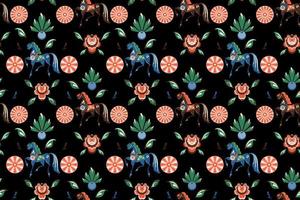 Russian folk floral dark seamless pattern with blue and brown horses and flowers