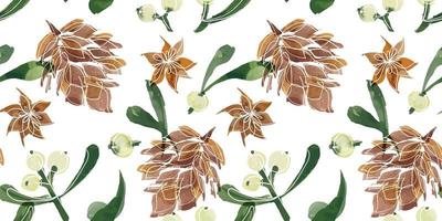 Christmas floral traced watercolor seamless pattern on white background. Fir-tree cones and mistletoe. Seamless decor for cute Christmas and New Year greetings and invitations vector
