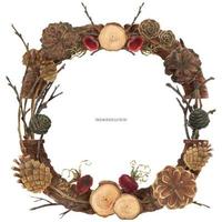 Cones and berries Chrietmas wreath on a white snow field, botanical traced watercolor vector