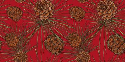 Christmas Cedar Cones Botanical Seamless Pattern, red background vector