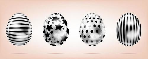 cuatro huevos de plata sobre fondo rosa. objetos aislados para la decoración de Pascua. estrella, puntos y rayas adornados vector