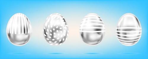 Four silver eggs on the sky blue background. Isolated objects for Easter decoration. Stripes and dots ornate vector