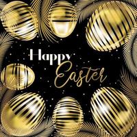 Happy Easter banner with golden eggs and palm branches on the black square card vector