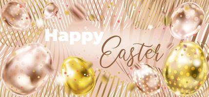Happy Easter banner with golden eggs on the vintage pink color background vector