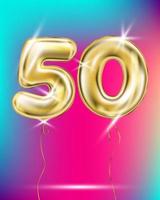 Gold foil balloon fifty 50 number on disco rainbow gradient background vector