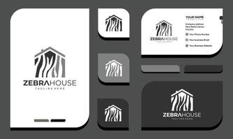 cebra con diseño de logo de casa. animal blanco con diseño de stripes.logo negro y tarjeta de visita vector