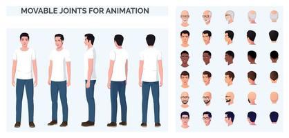 Cartoon Character creation with a Casual Man Wearing White T-shirt and Blue Jeans, Front, Back and Sideview with Multiple Races and Ethnicities vector