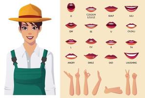 Female Farmer Character with Lips Sync, Face Animation, Emotions and some Hand Gestures vector