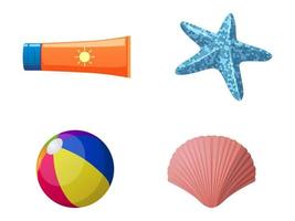 conjunto de ilustraciones aisladas de pantalla solar, estrellas de mar, pelota de playa y conchas marinas vector