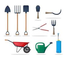 herramientas agrícolas y de jardinería, equipo con carretilla, tenedor, pala, lata de agua, pulverizador, ilustración vectorial vector