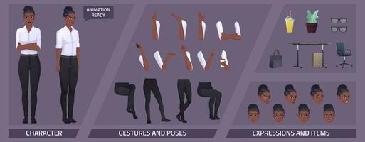 personajes casuales estilizados establecidos para la animación. mujer afroamericana de pie con varias emociones vector